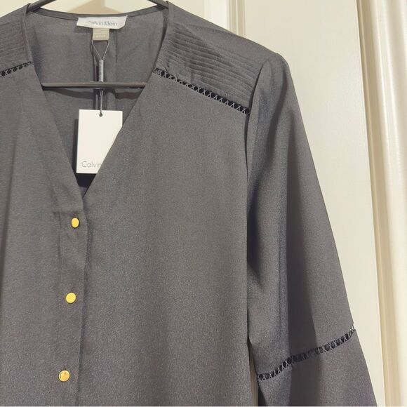 NWT CALVIN KLEIN BOHO MINIMALIST CROSS STITCH BELL SLEEVES‎ BLOUSE SMALL OFFICE - Picture 11 of 14